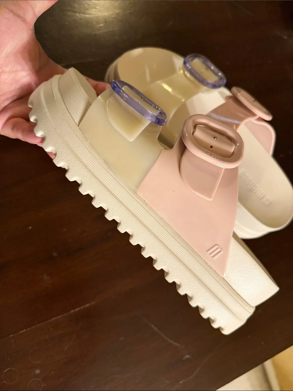 Mini Melissa Two-Buckle Slide Sandals in Pink and Cream